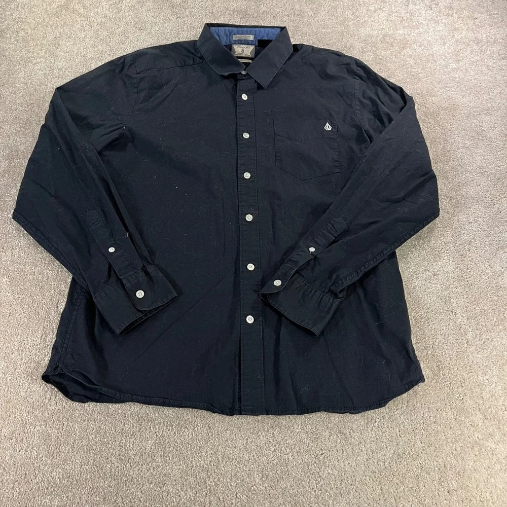 Volcom Button Up Shirt Mens Medium Black Vex Factor Solid Long Sleeve